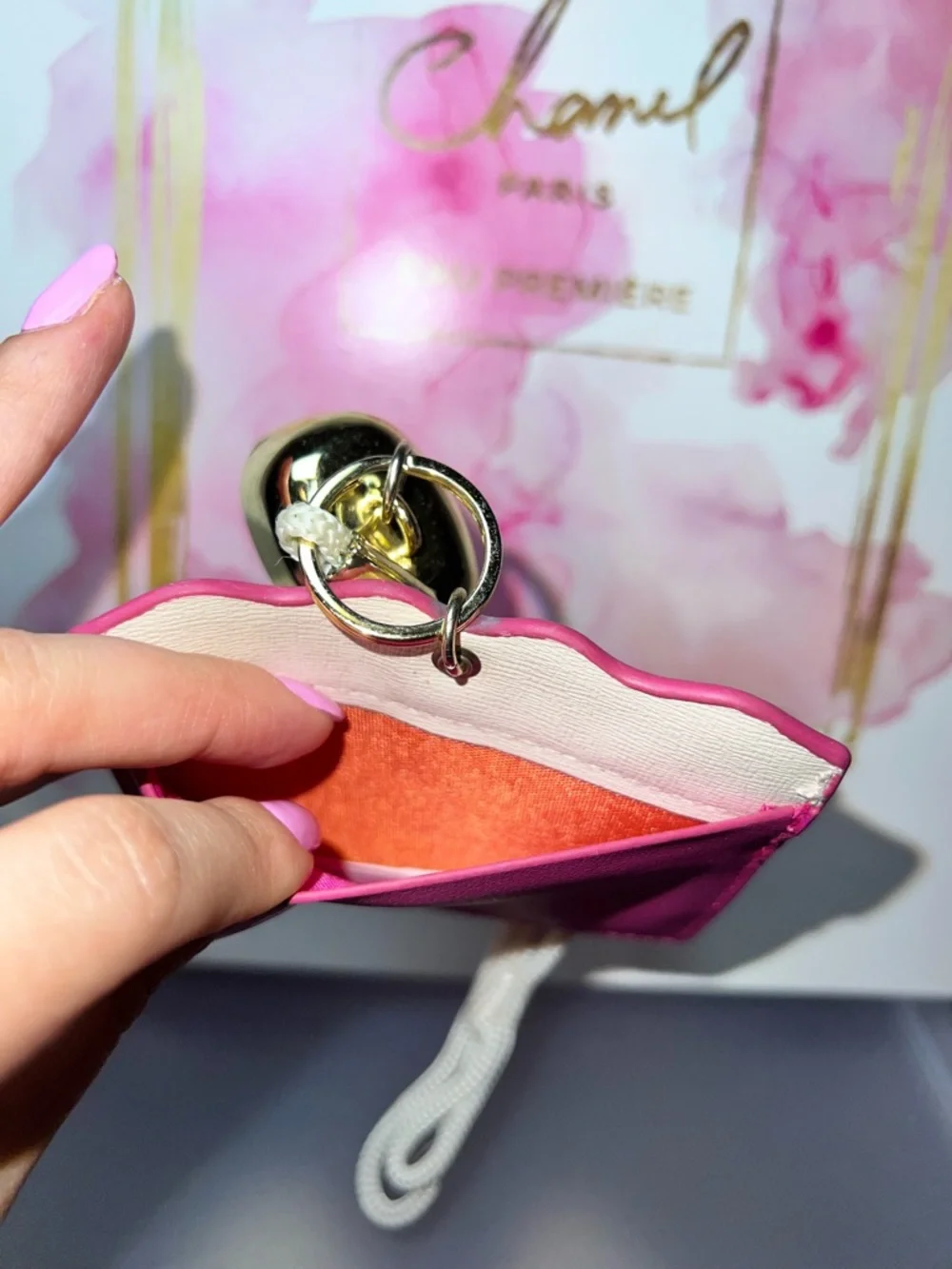 Bath & Body Works Pink & Orange Cardholder with Gold Bell Hand Sanitizer Holder